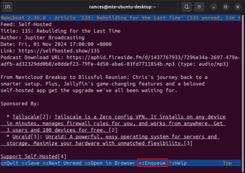 A terminal highlighting the "Enqueue" keybinding in Newsboat.