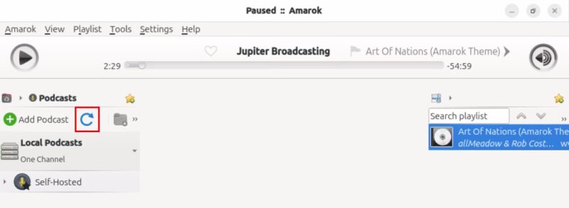 A screenshot highlighting the refresh button in Amarok.