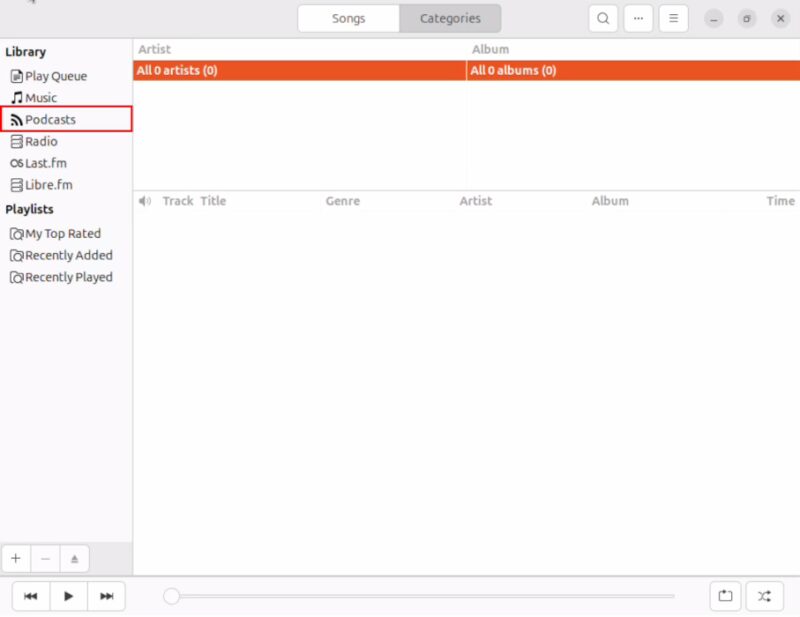 A screenshot highlighting the podcasts category inside Rhythmbox.