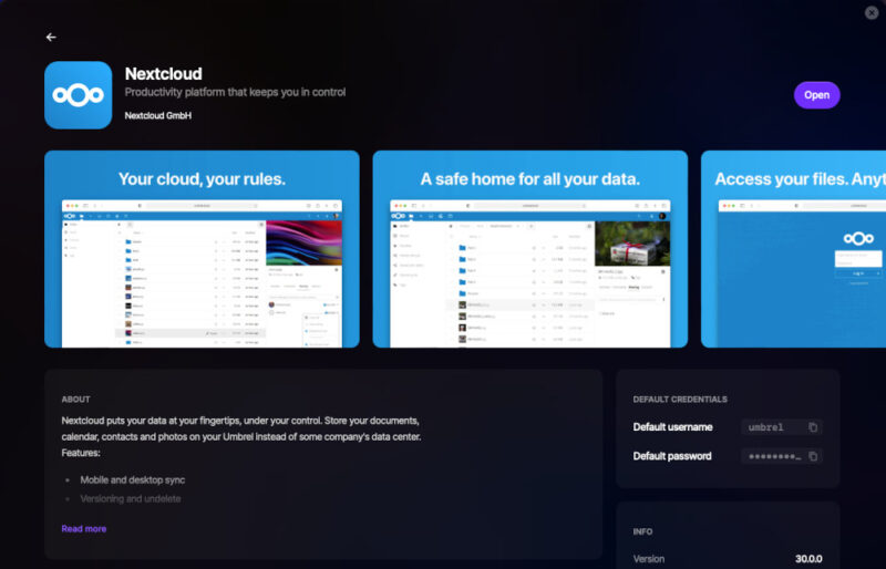 A screenshot showing the store page for Nextcloud in the Umbrel App Store.