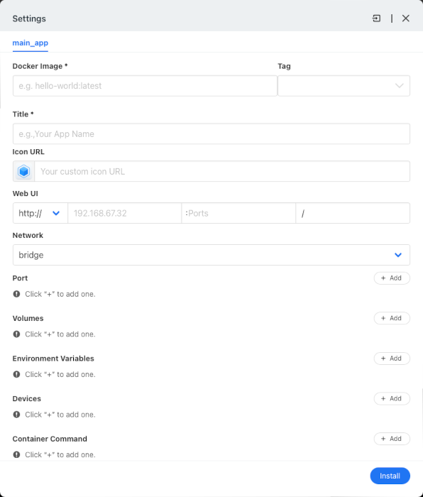 A screenshot showing the custom Docker form for CasaOS.
