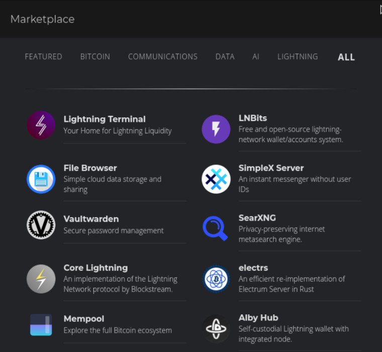 A screenshot showing a selection of SaaS apps in the StartOS App Store.