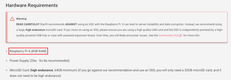 A screenshot highlighting the Raspberry Pi 4 requirement for StartOS.