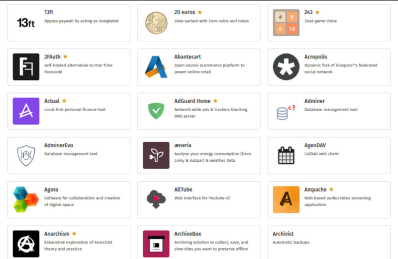 A screenshot showing a small selection of apps that are available in the Yunohost App Store.