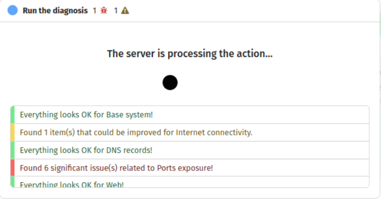 A screenshot showing the progress window for Yunohost's diagnosis tool.