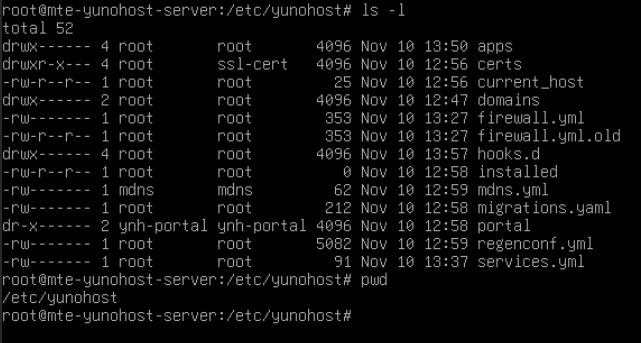 A terminal showing the contents of the Yunohost system directory.