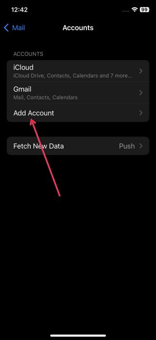 Selecting "Add Account" option in iPhone Settings.
