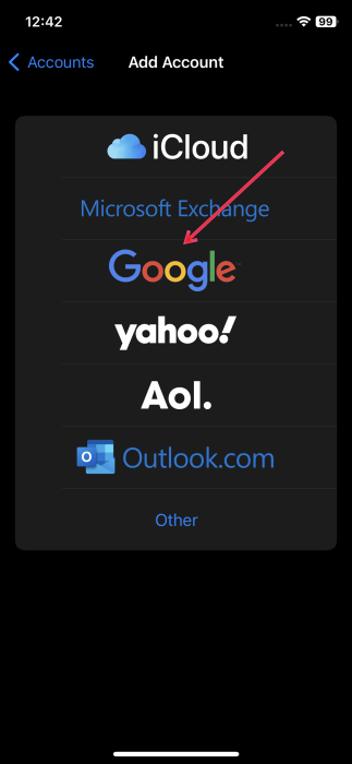 Selecting to add a new Google account on iPhone.