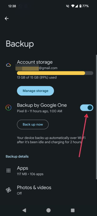 Enabling toggle for "Backup by Google One" in Android Settings.
