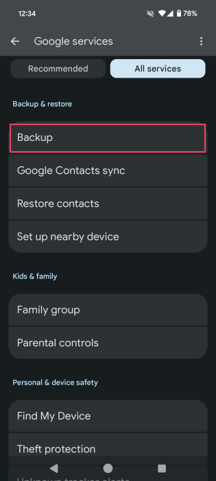 Tapping on "Backup" option under Google services in Android Settings.