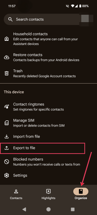 Tapping on "Export to file" option in Google Contacts app on Android.