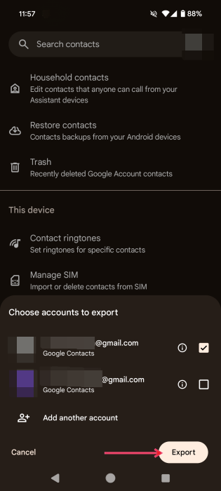 Selecting Google account to export to VCF file in Google Contacts app on Android.