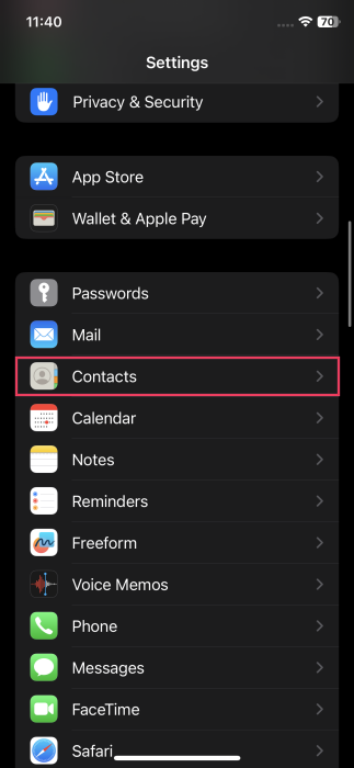 Tapping on Contacts option in iPhone Settings.