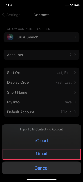 Opting for Gmail to import SIM contacts to in iPhone Settings.