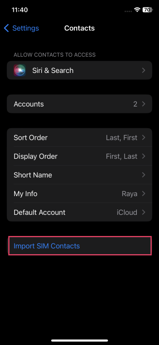 Selecting option to "Import SIM Contacts" in iPhone Settings.