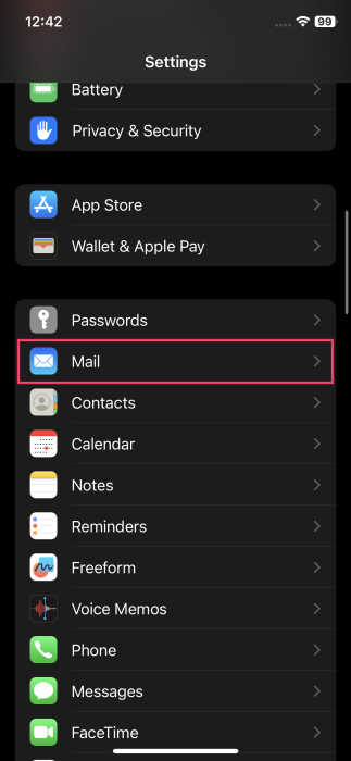 Tapping on "Mail" option in iPhone Settings.