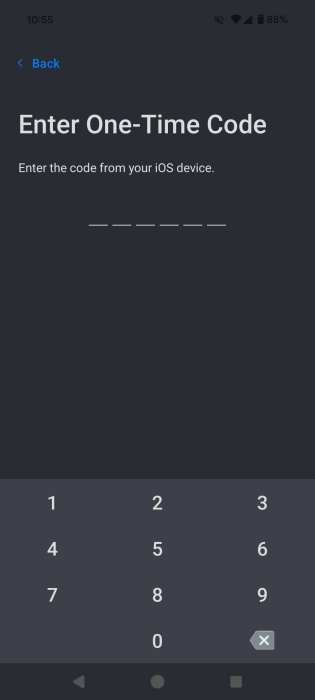 "Enter One-Time Code" screen on in Move to iOS app on Android phone.