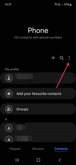 Tapping three dot menu in Samsung Contacts app.