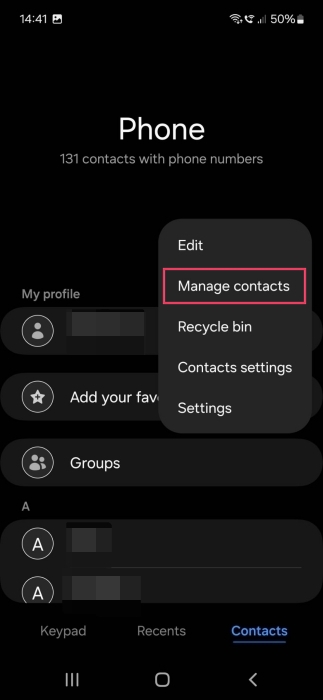 Tapping on "Manage contacts" option in Samsung Contacts app.