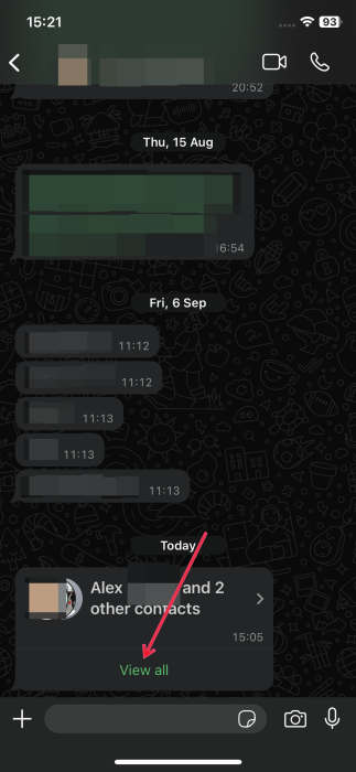 Tapping on "View all" in WhatsApp for iPhone to view imported contacts from Android.