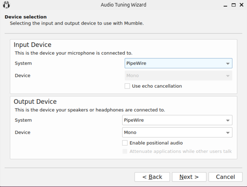 A screenshot showing the default audio device selection for Mumble.