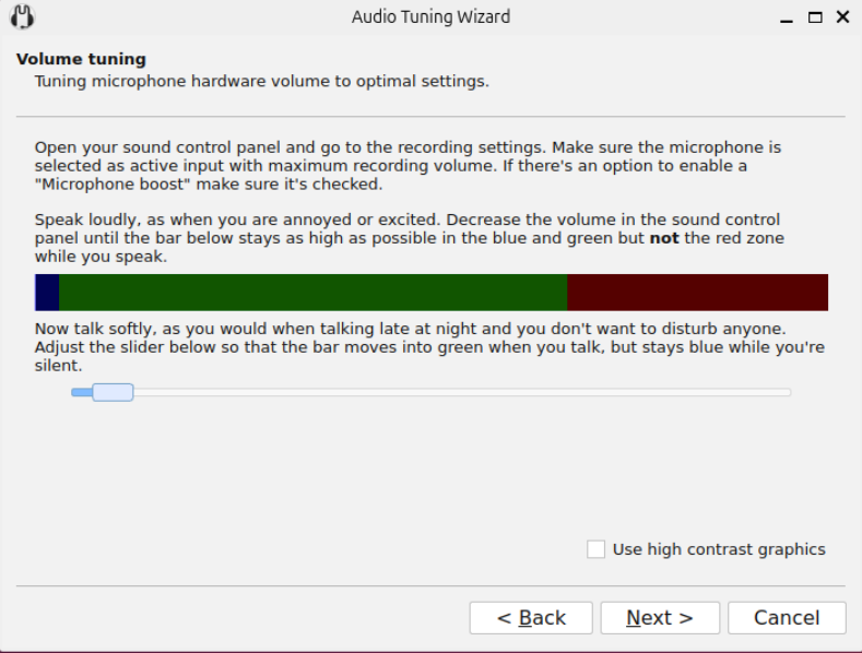 A screenshot showing the audio level tuning process for Mumble.