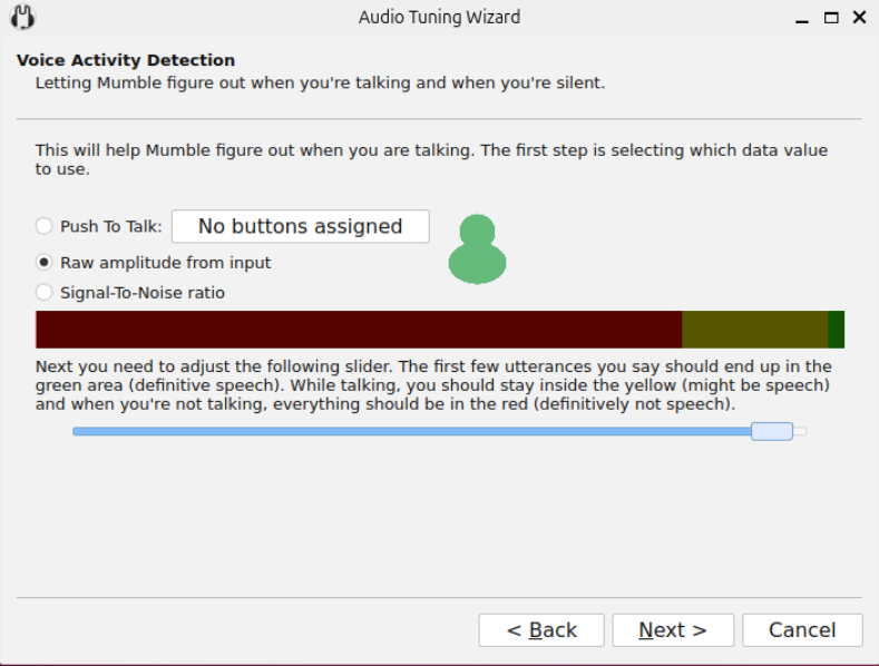 A screenshot showing the voice detection setup process in Mumble.