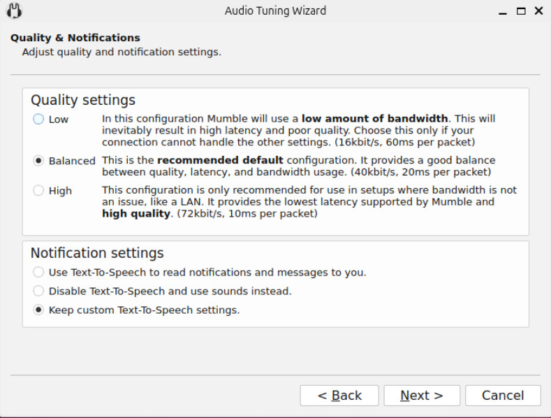 A screenshot showing the different audio quality and delay for Mumble.