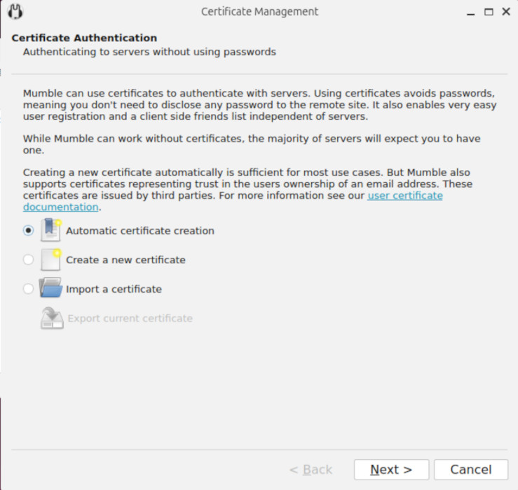 A screenshot showing the certificate check for Mumble servers.