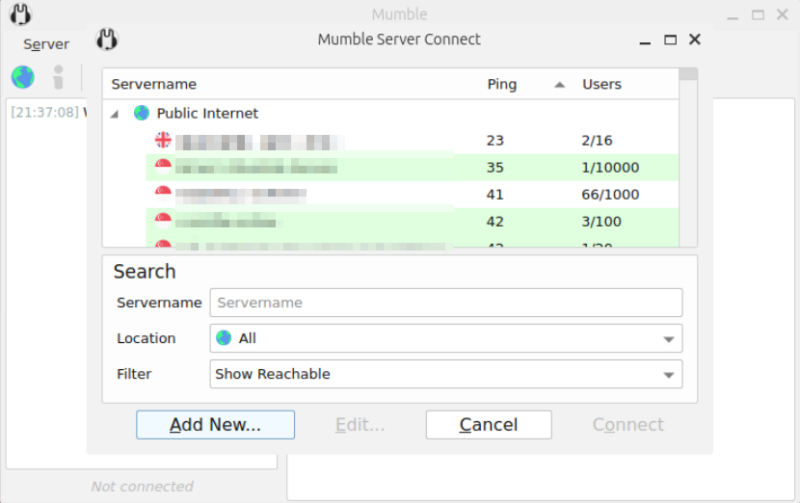 A screenshot showing the different public servers currently available in Mumble.