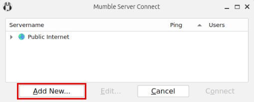 A screenshot highlighting the "Add New..." button on the server selection window.
