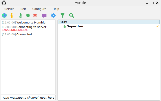 A screenshot showing the superuser account logged in to the new Mumble server.