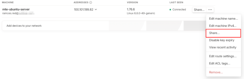 A screenshot highlighting the "Share..." option on the Mumble server's Tailscale entry.