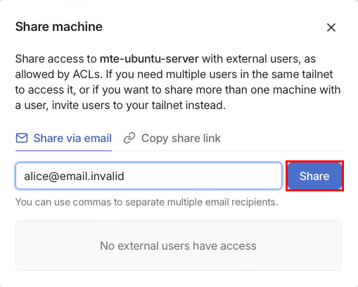 A screenshot showing the prompt for inviting new users to a Tailscale node.
