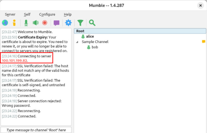 A screenshot showing Mumble working properly over Tailscale.
