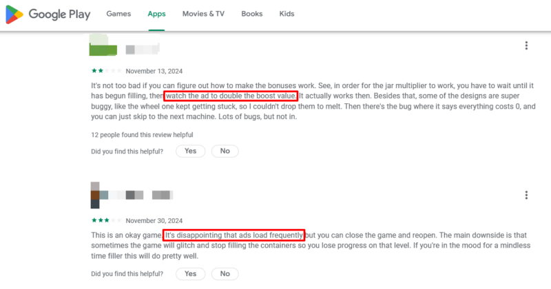 User reviews on Google Play Store with highlighted text