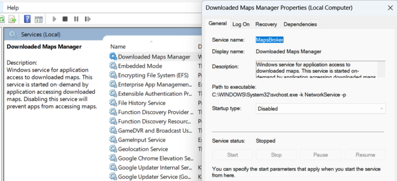 Windows Maps service in Windows services.msc