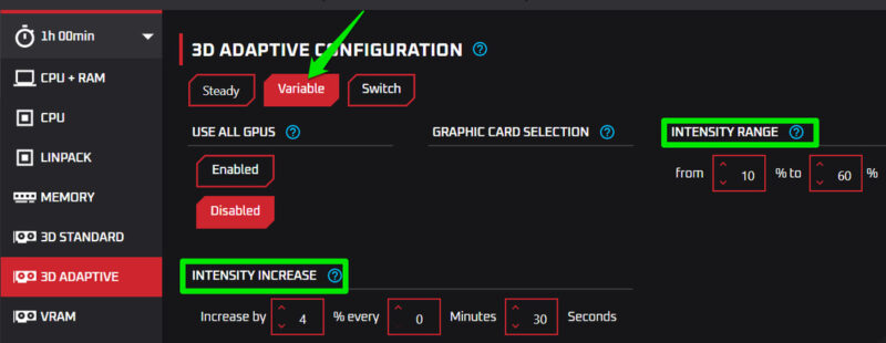 variable load settings in OCCT app