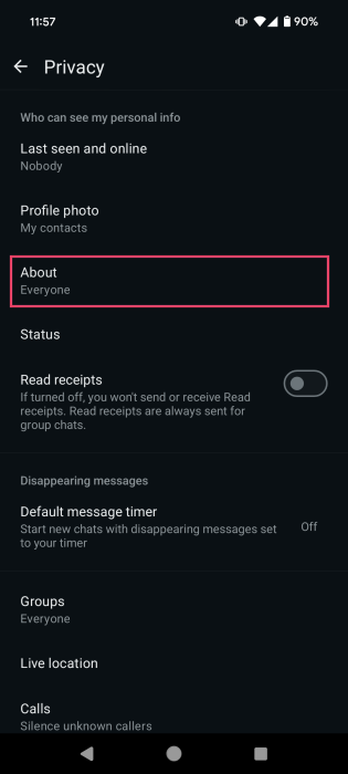 Selecting About option in WhatsApp Privacy options on Android.