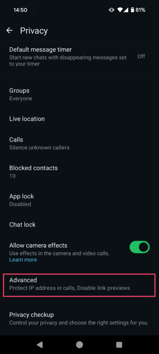Tapping on "Advanced" option in WhatsApp Privacy settings.