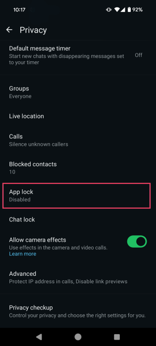 Tapping on "App Lock" option in WhatsApp Privacy settings on Android.