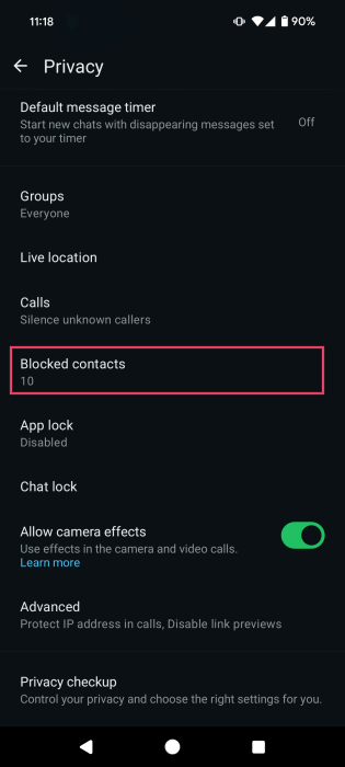Tapping on "Blocked contacts" in WhatsApp Privacy options on Android.