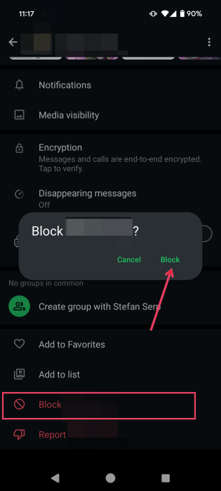 Blocking contact on WhatsApp on Android.
