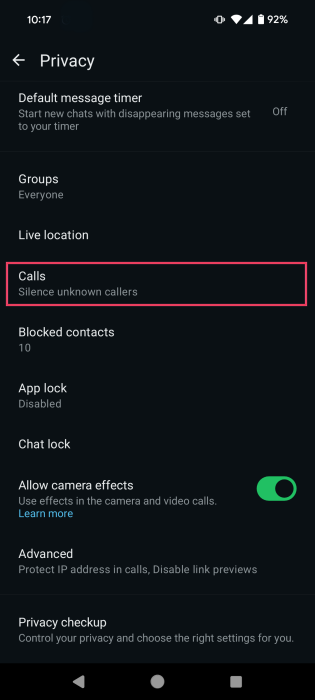 Tapping on Calls in WhatsApp Privacy on Android.