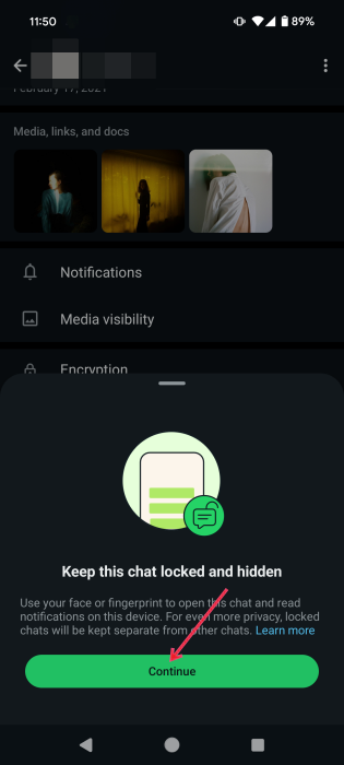 Pressing Continue after initializing Chat Lock for conversation on WhatsApp on Android.