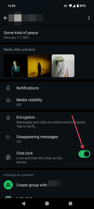 Turning on "Chat Lock" for conversation in WhatsApp on Android.