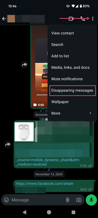 Tapping on "Disappearing messages" option in WhatsApp chat on Android.
