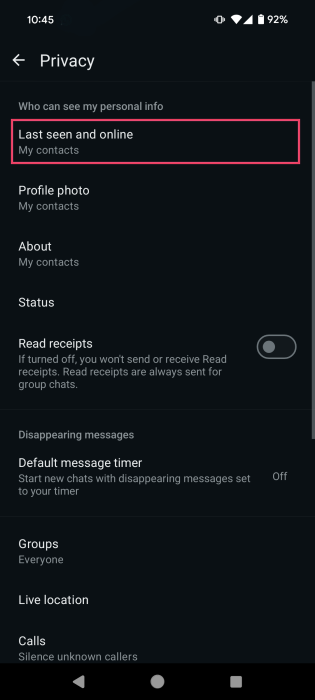 Navigating to first option called "Last seen and online" in WhatsApp Settings on Android.