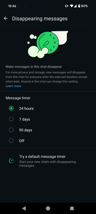 Setting a timer for Disappearing messages in WhatsApp on Android.
