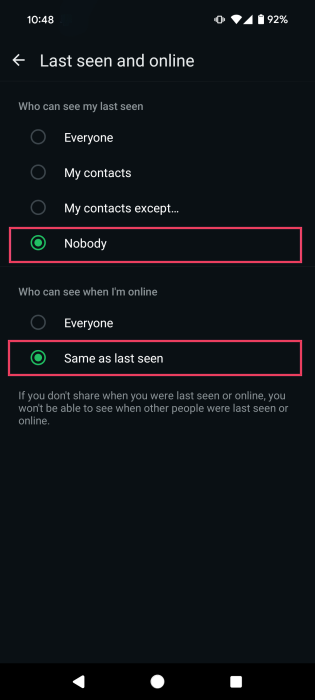 Changing "Last seen and online" options in WhatsApp Settings on Android.
